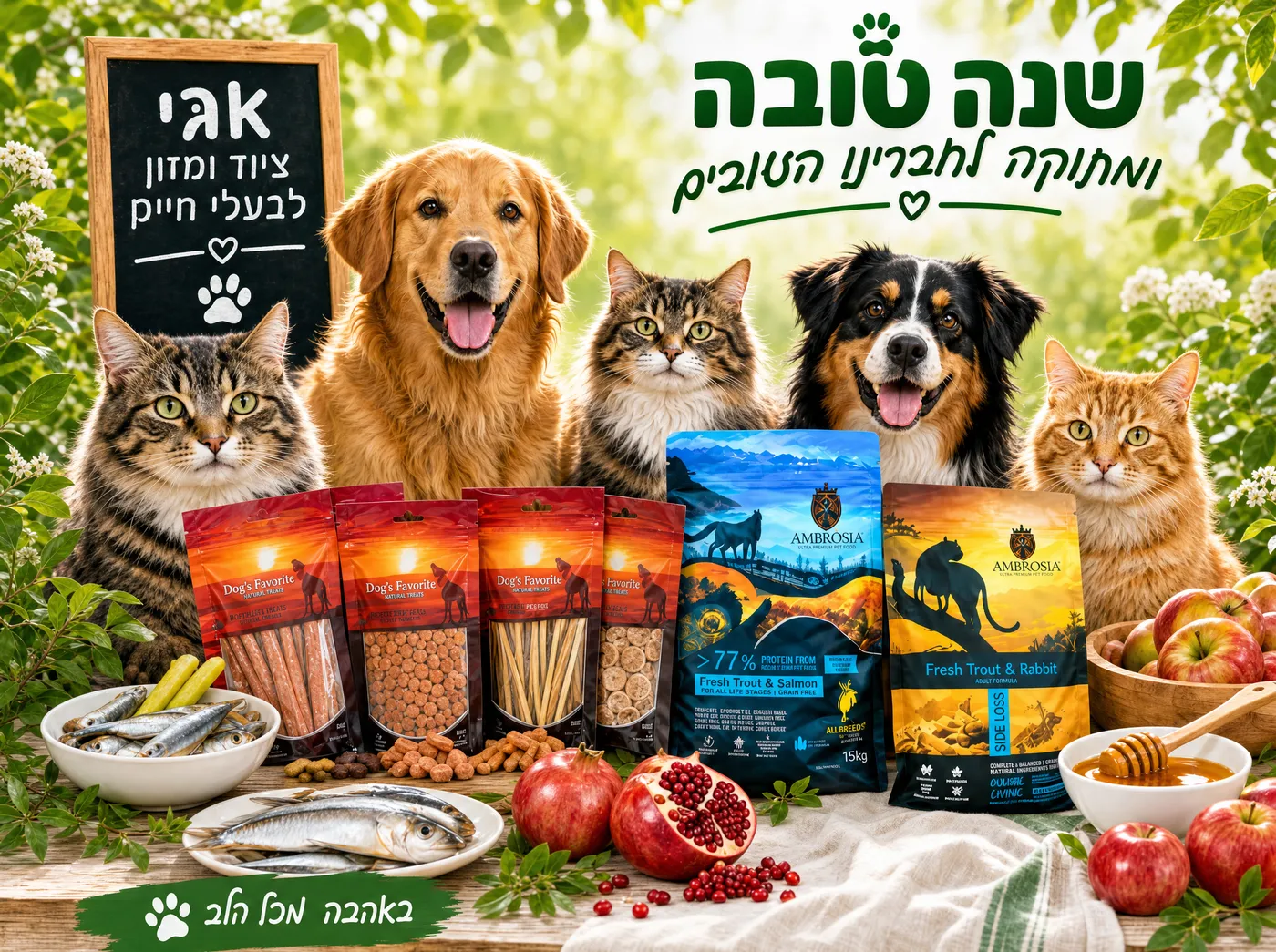 שנה טובה ומתוקה מאגי, כלבים וחתולים עם חטיפים ומזון פרימיום